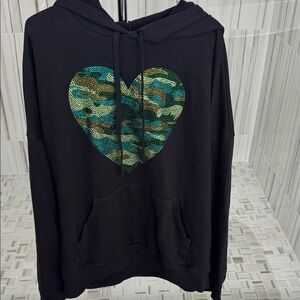 Black Hoodie with Rhinestone Heart Camo Design